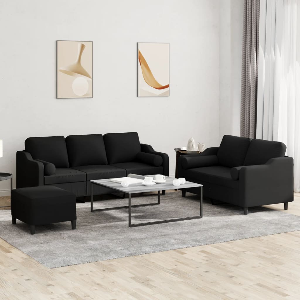 vidaXL Set de canapele cu perne, 3 piese, negru, textil