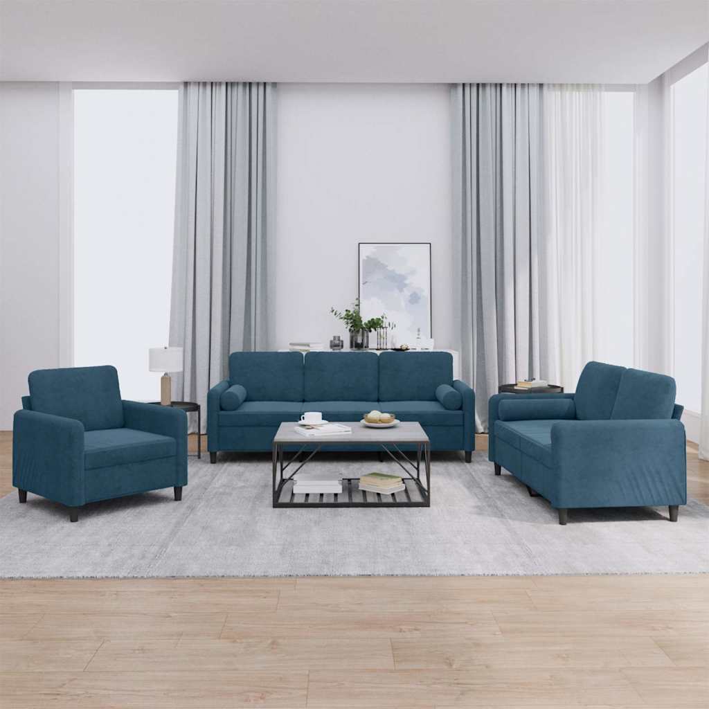 vidaXL 3-tlg. Sofagarnitur mit Kissen Blau Samt