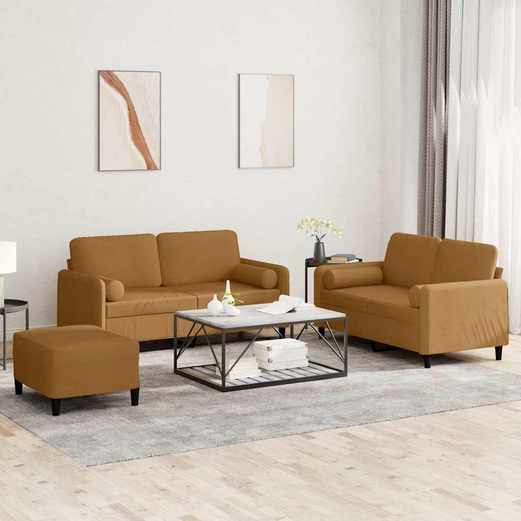 vidaXL Set de canapele cu perne, 3 piese, maro, catifea