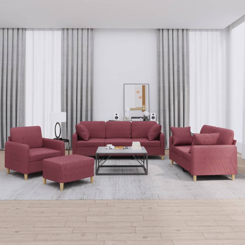 Sofasæt 4 dele i vinrød stof med 3-personers sofa, 2-personers sofa, lænestol og fodskammel