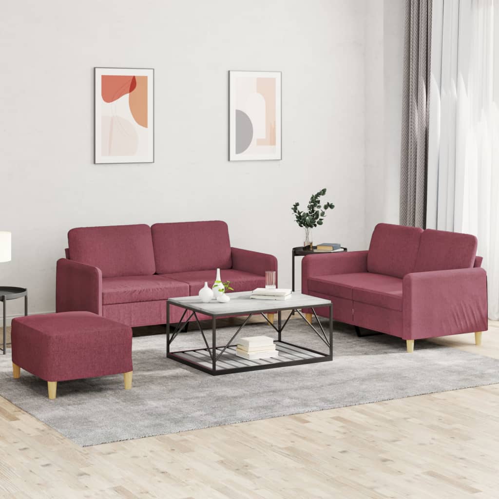 vidaXL Set canapea cu perne, 3 piese, roșu vin, material textil