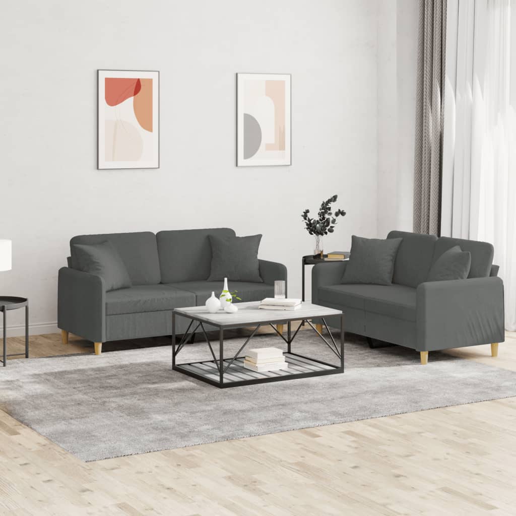 Sofasæt i stof med puder - 2- og 2-personers, mørkegrå