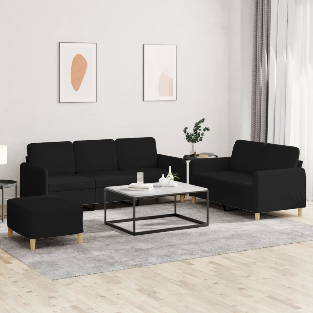 vidaXL Set de canapele cu perne, 3 piese, negru, textil