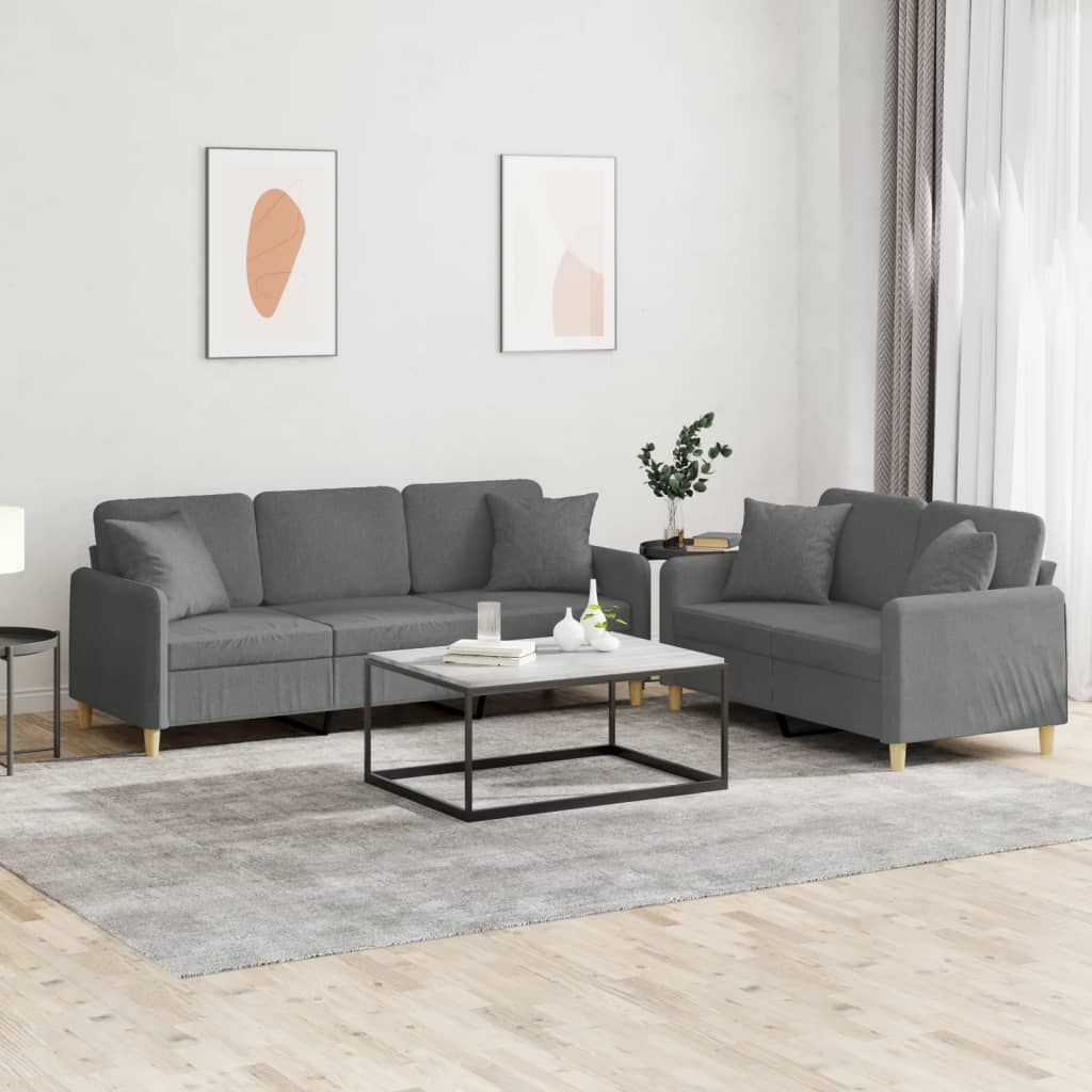 Sofasæt i stof med puder, 2- og 3-personers - mørkegrå