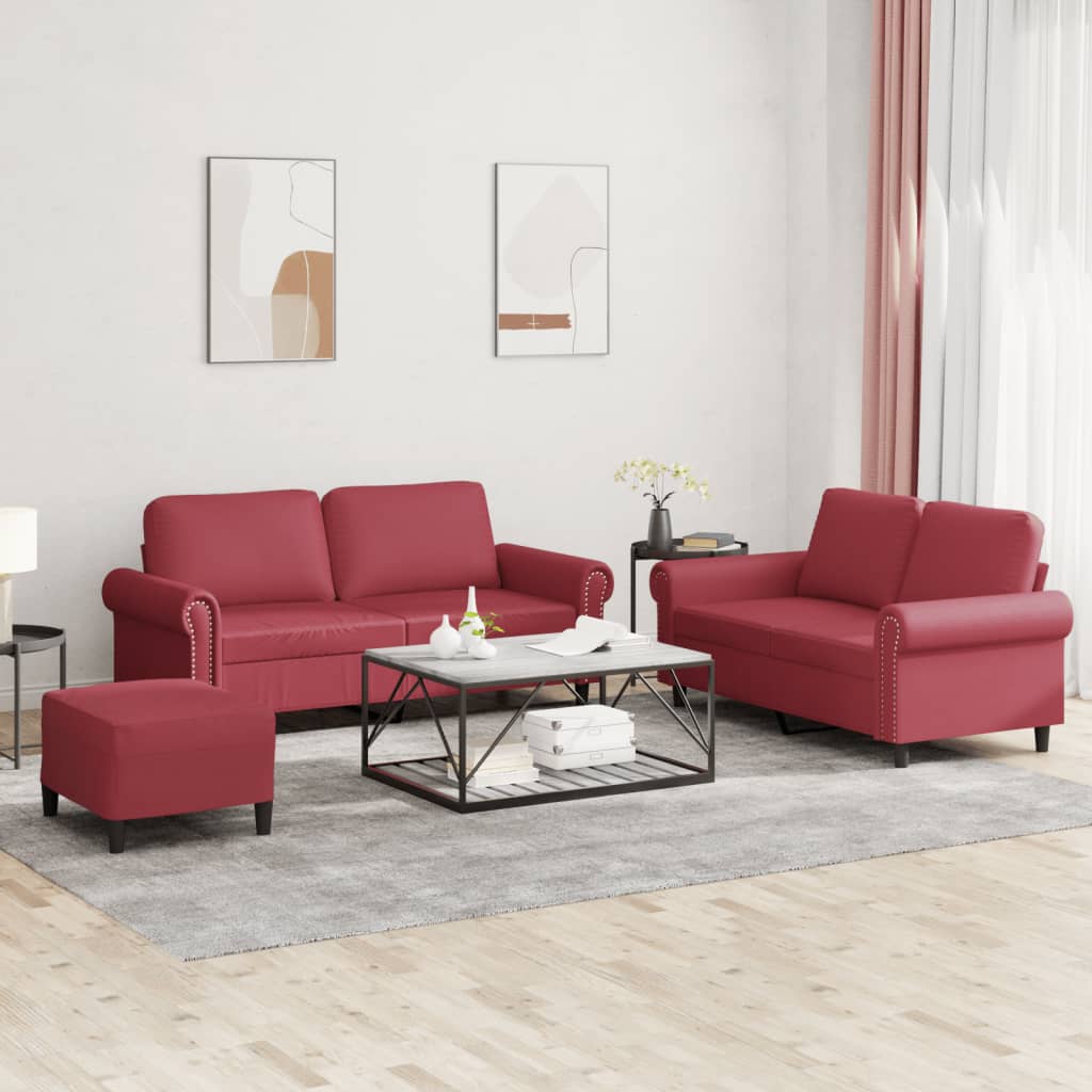 vidaXL Set de canapele cu perne, 3 piese, roșu vin, piele ecologică