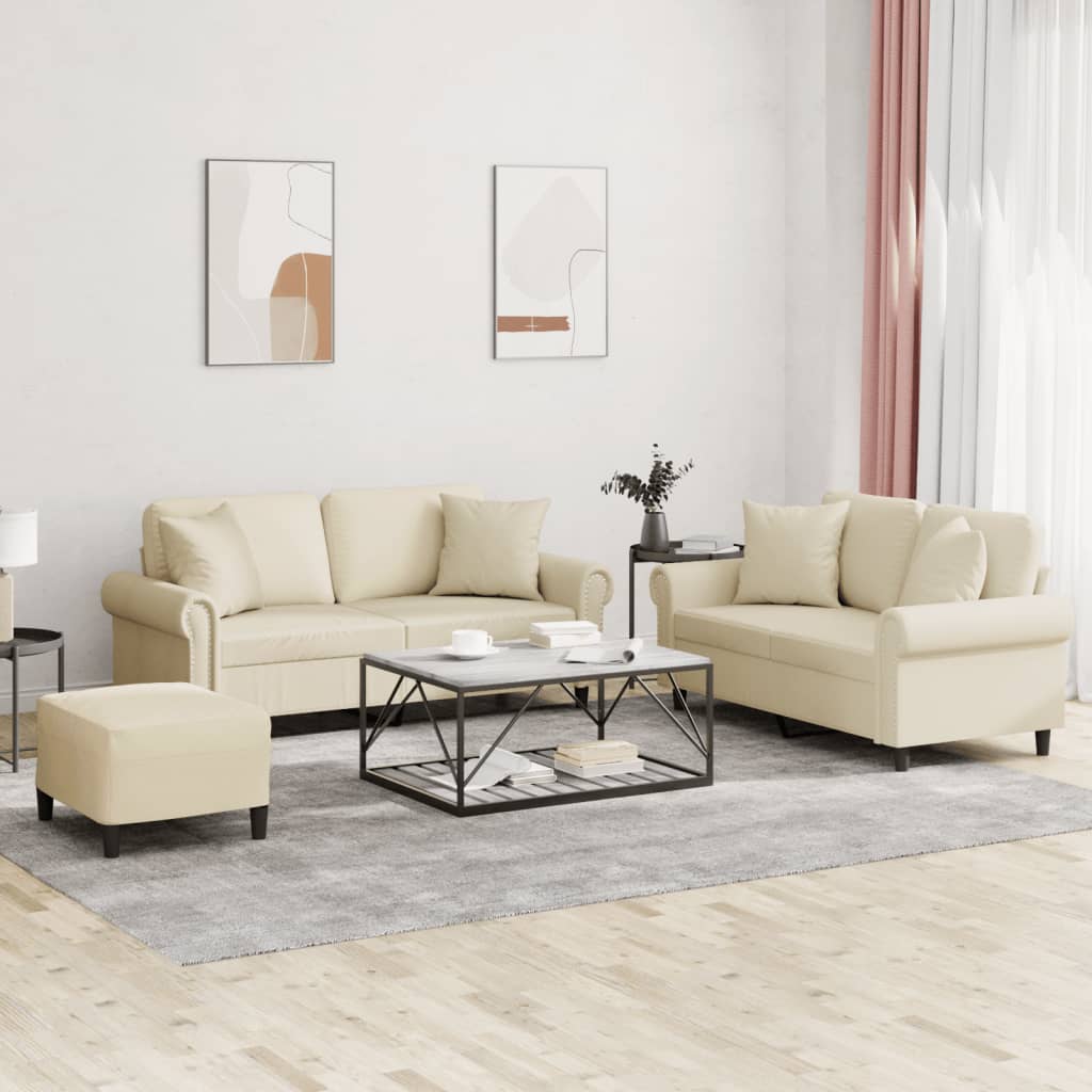 vidaXL Set de canapele cu perne, 3 piese, crem, piele ecologică