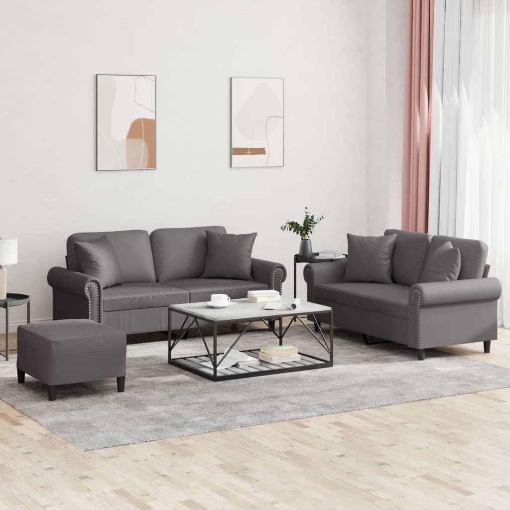 Sofasæt i kunstlæder - 3 dele med puder og fodskammel, grå