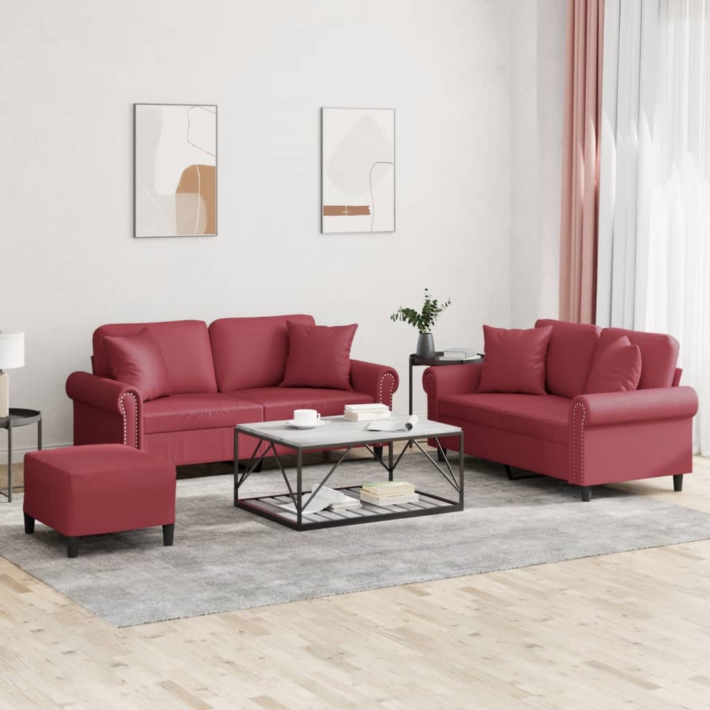 Sofasæt i 3 dele med 2 x 2-personers sofa, fodskammel og puder i kunstlæder - vinrød