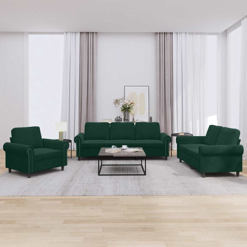 vidaXL Set de canapele cu perne, 3 piese, verde închis, catifea