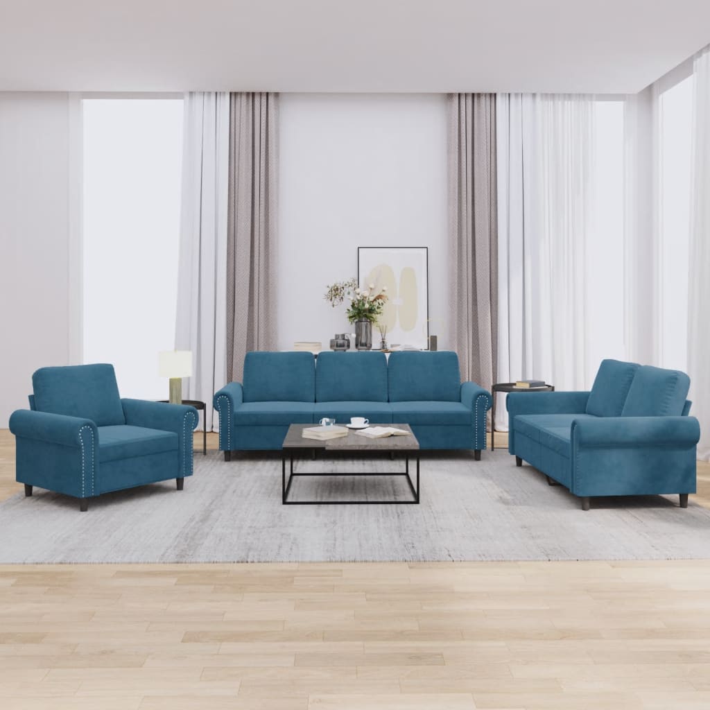 vidaXL sofasæt 3 dele med hynder velour blå