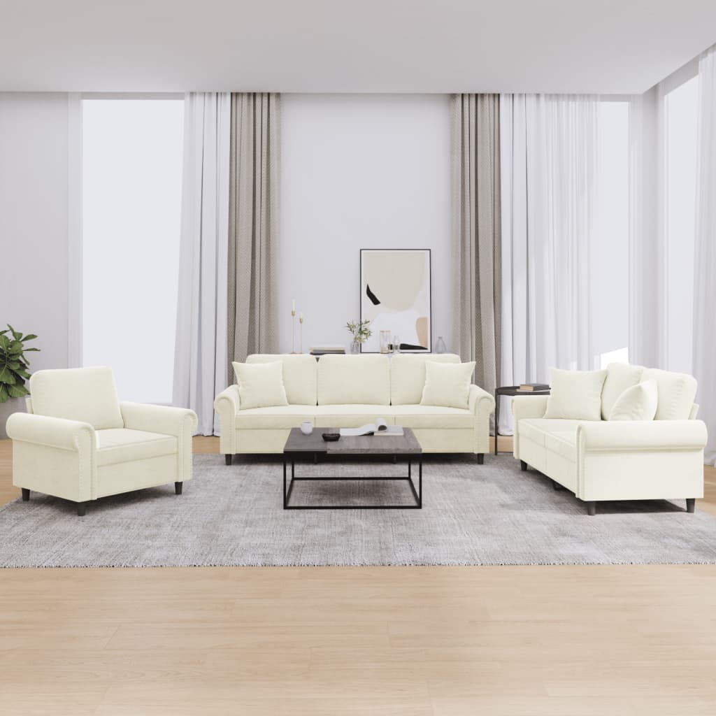 vidaXL sofasæt 3 dele med puder velour cremefarvet