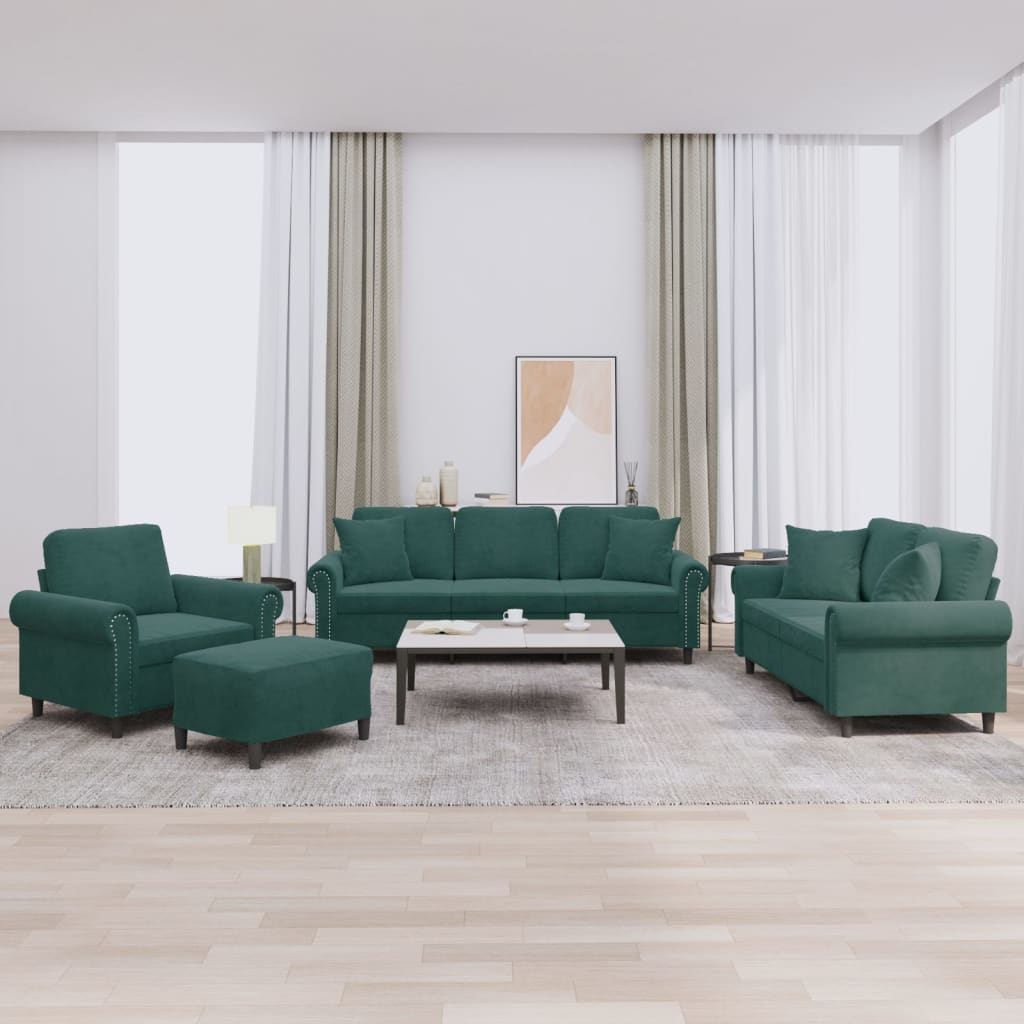 Sofasæt i 4 dele med puder og fodskammel - mørkegrøn
