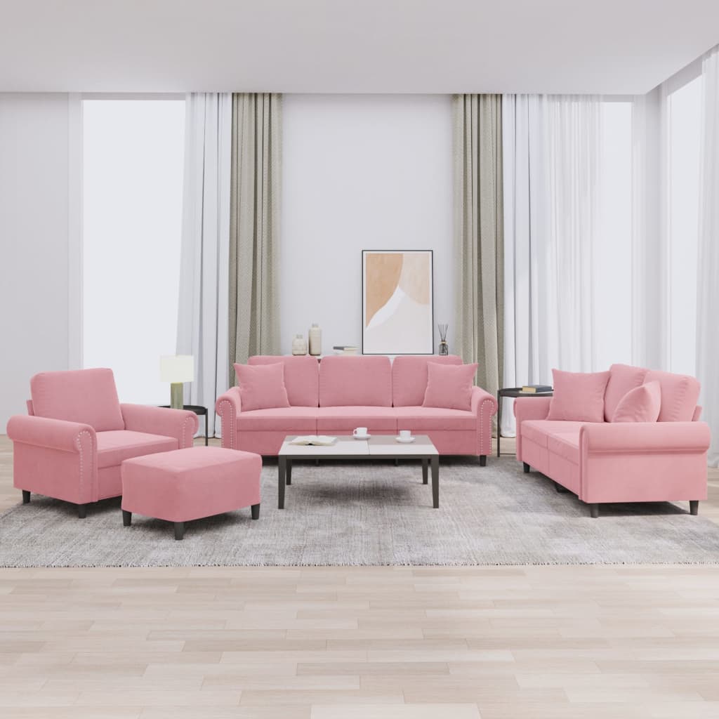 Sofasæt i velour - 4 dele med puder og fodskammel, lyserød