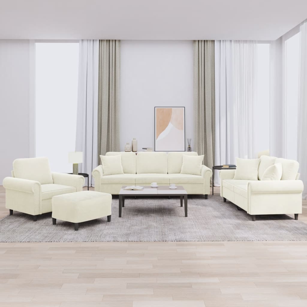 Sofasæt i 4 dele i velour med fodskammel og puder - cremefarvet