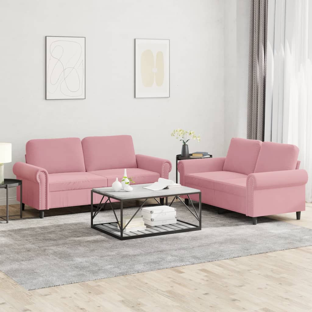 Sofasæt i velour, 2-pers. + 2-pers., lyserød - inkl. hynder