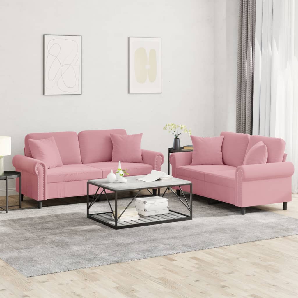 Sofasæt i velour med puder - 2-pers. 120/140 cm, lyserød