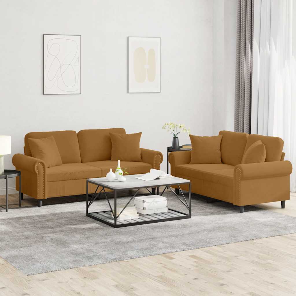Sofasæt i 2 dele med puder - brun velour, 2-pers. sofaer i 152 og 172 cm