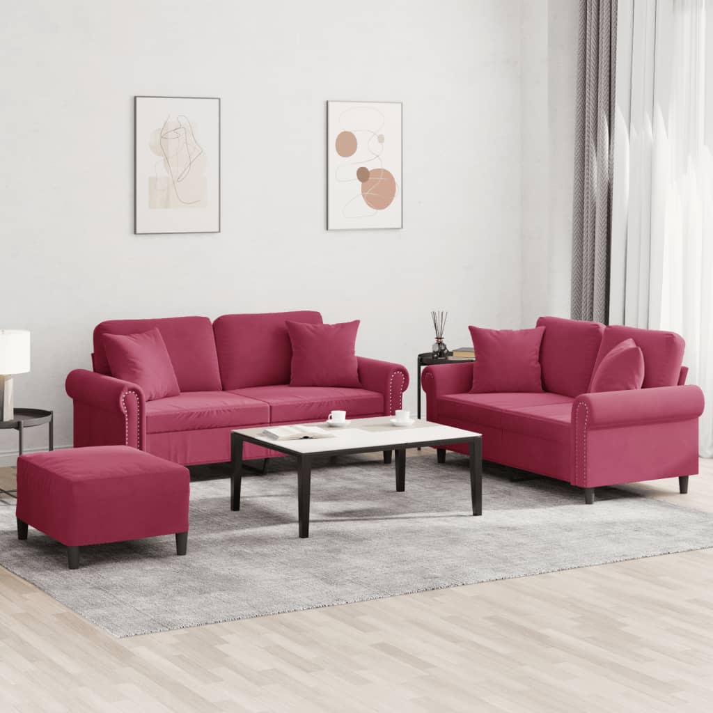 vidaXL 3 pcs conjunto de sofás com almofadas veludo vermelho-tinto
