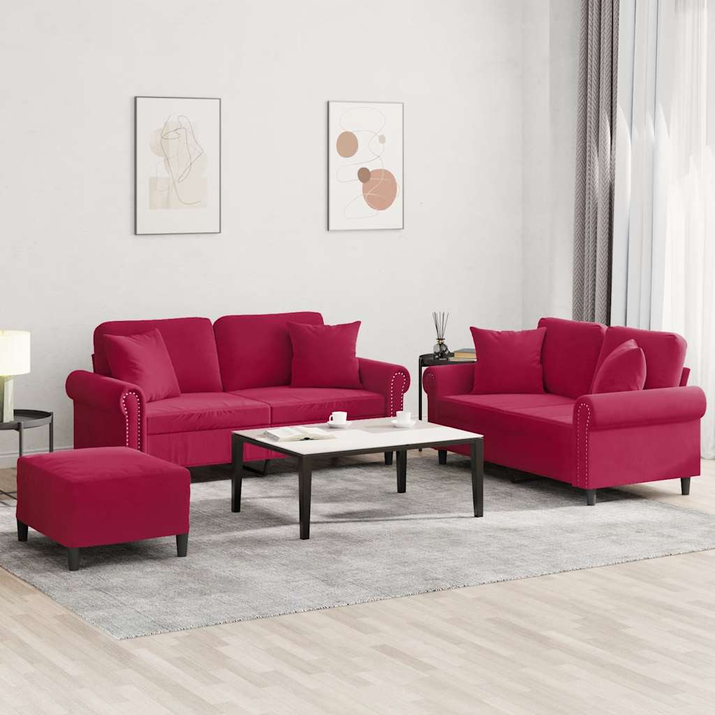 vidaXL Set canapele cu perne, 3 piese, roșu vin, catifea