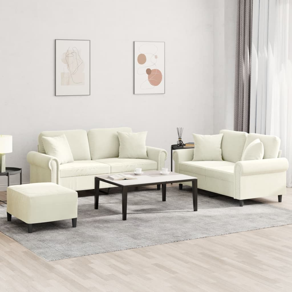 Sofasæt i velour - 3 dele med puder og fodskammel, cremefarvet