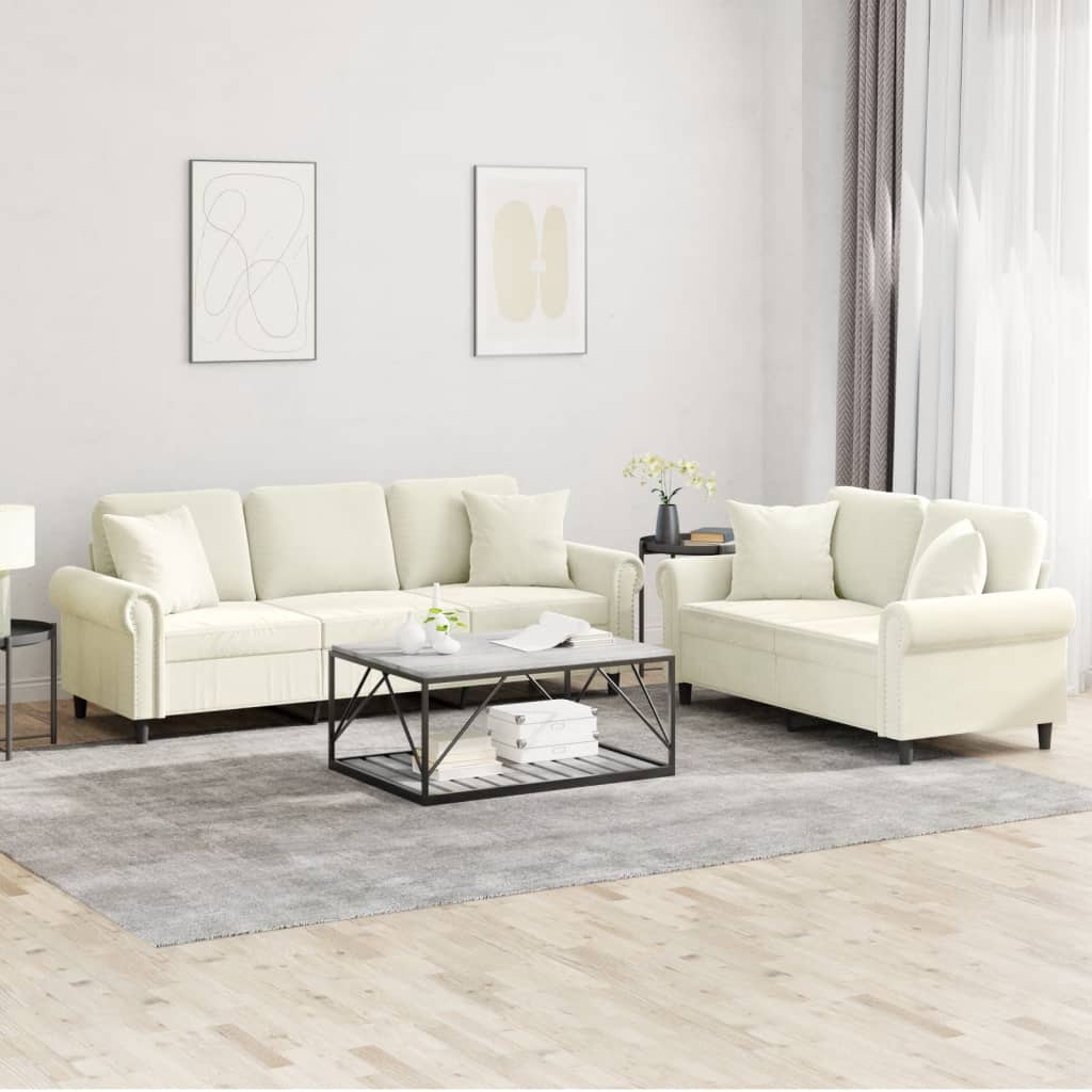 Sofasæt i velour med puder - 2- og 3-personers, cremefarvet
