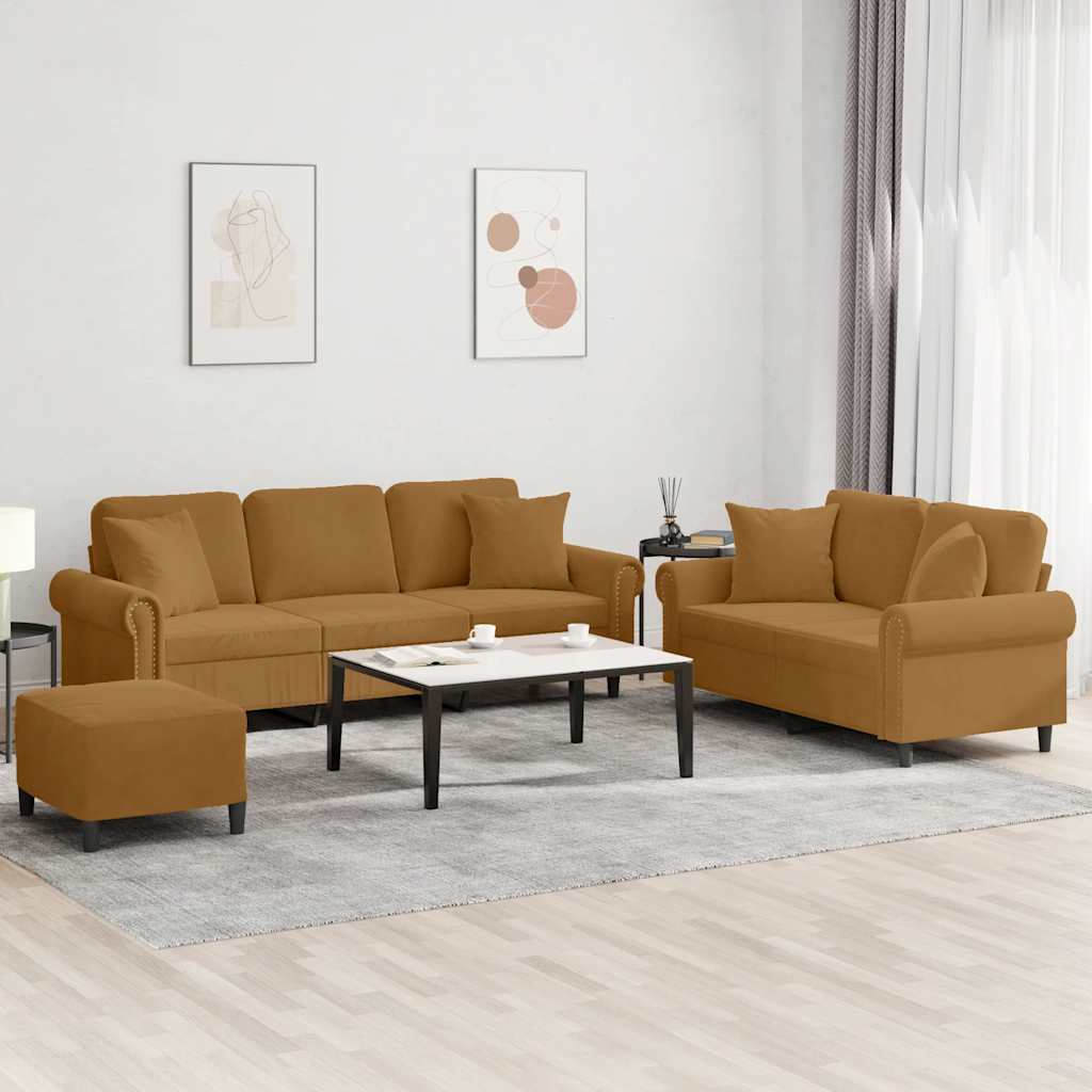 Sofasæt i velour 3 dele med 2- og 3-personers sofa, fodskammel og puder - brun