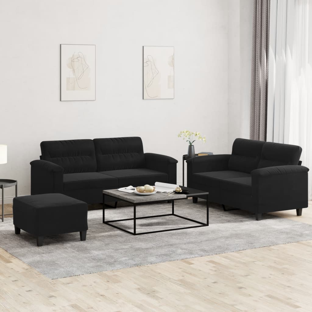 vidaXL 3-tlg. Sofagarnitur mit Kissen Schwarz Mikrofasergewebe