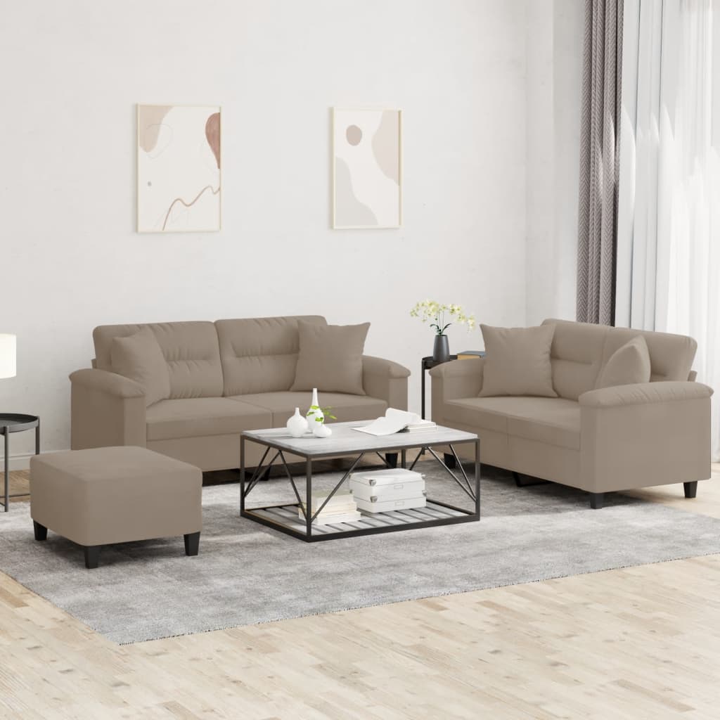 vidaXL 3-tlg. Sofagarnitur mit Kissen Taupe Mikrofasergewebe