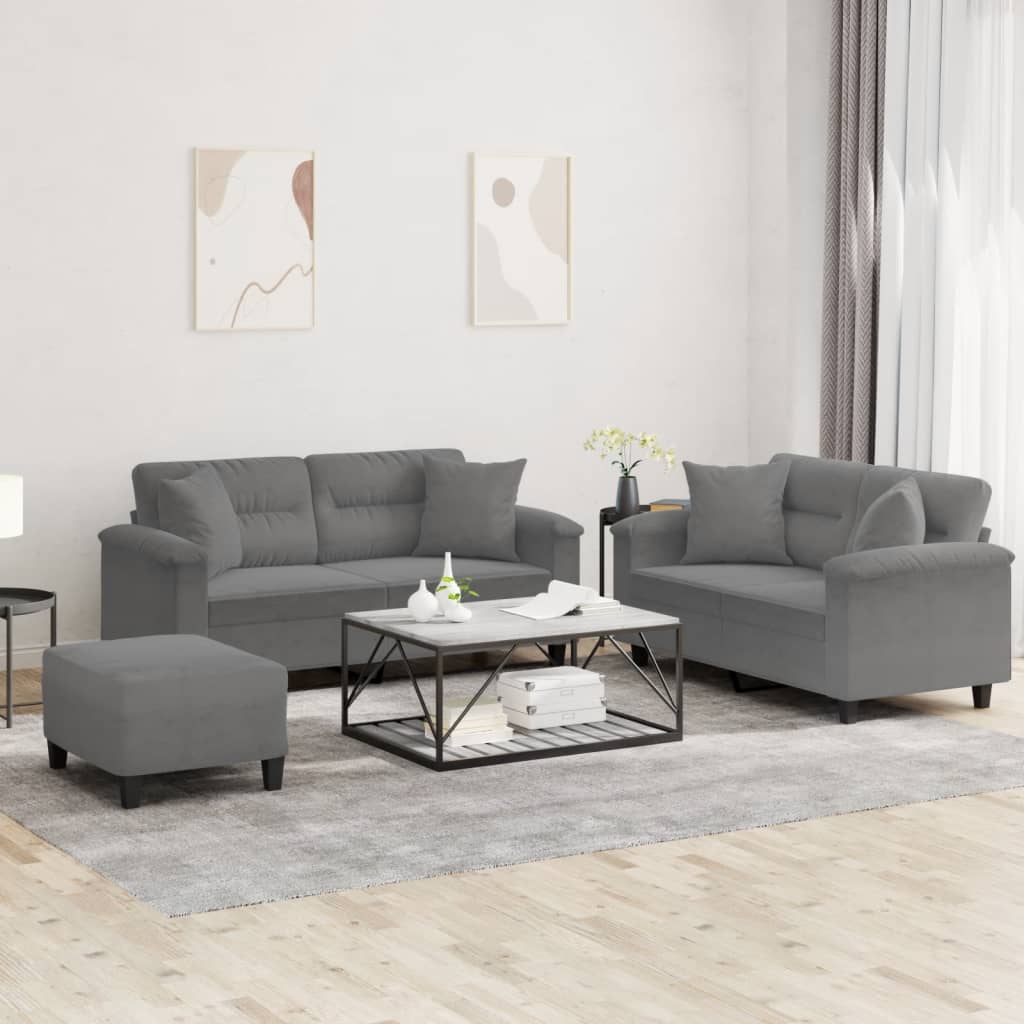 vidaXL 3-tlg. Sofagarnitur mit Kissen Dunkelgrau Mikrofasergewebe