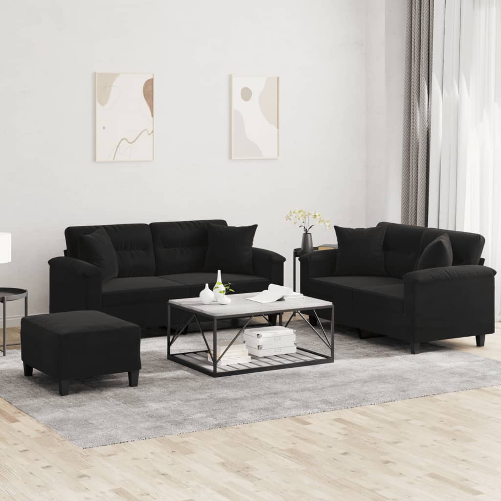 vidaXL 3-tlg. Sofagarnitur mit Kissen Schwarz Mikrofasergewebe
