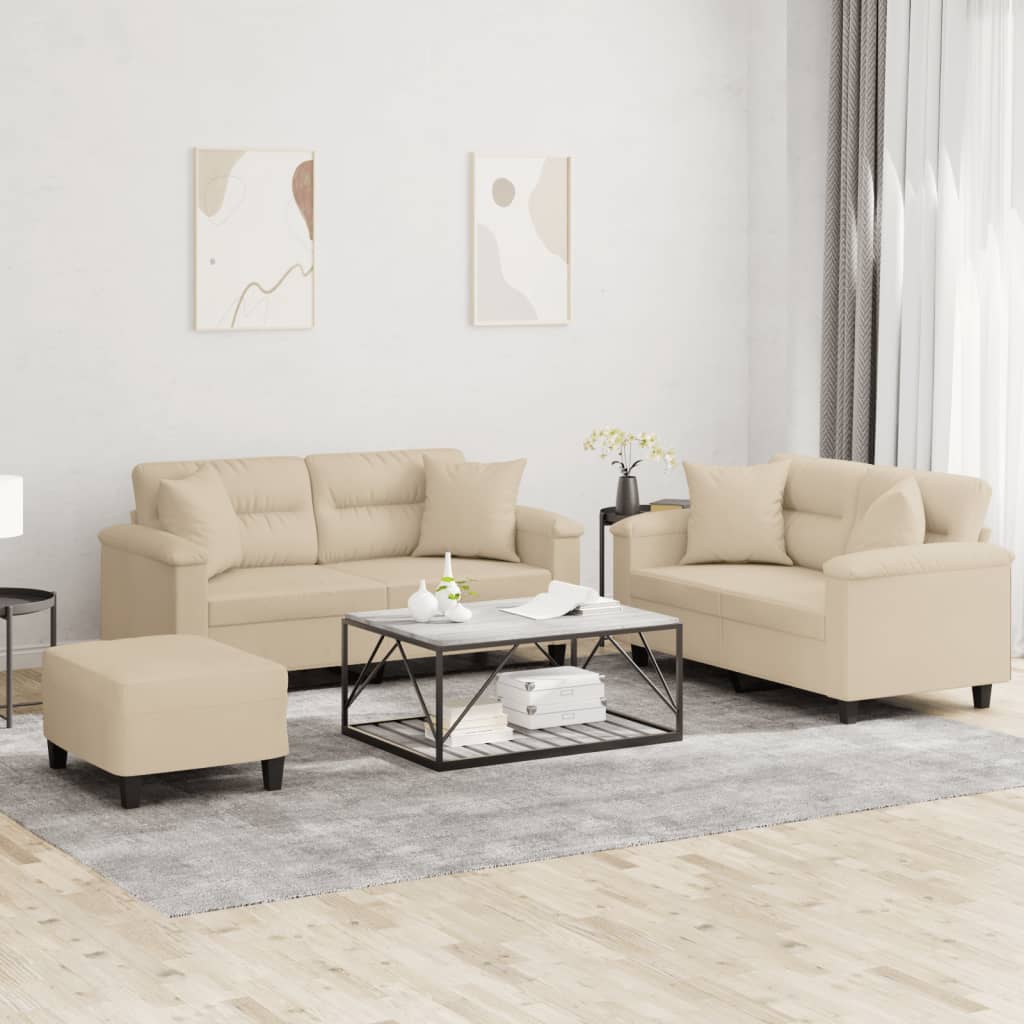 vidaXL Set de canapele cu perne, 3 piese, crem, microfibră