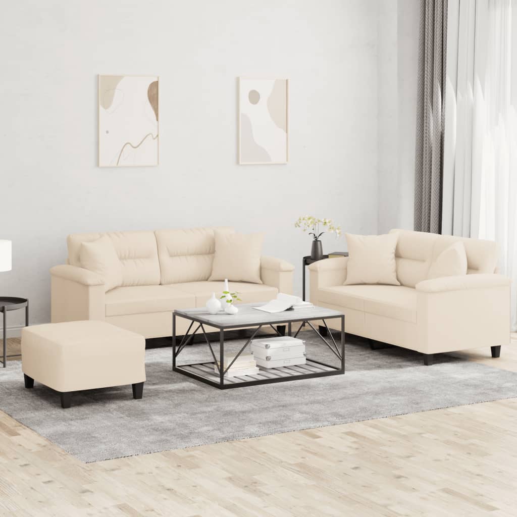 vidaXL Set de canapele cu perne, 3 piese, bej, microfibră