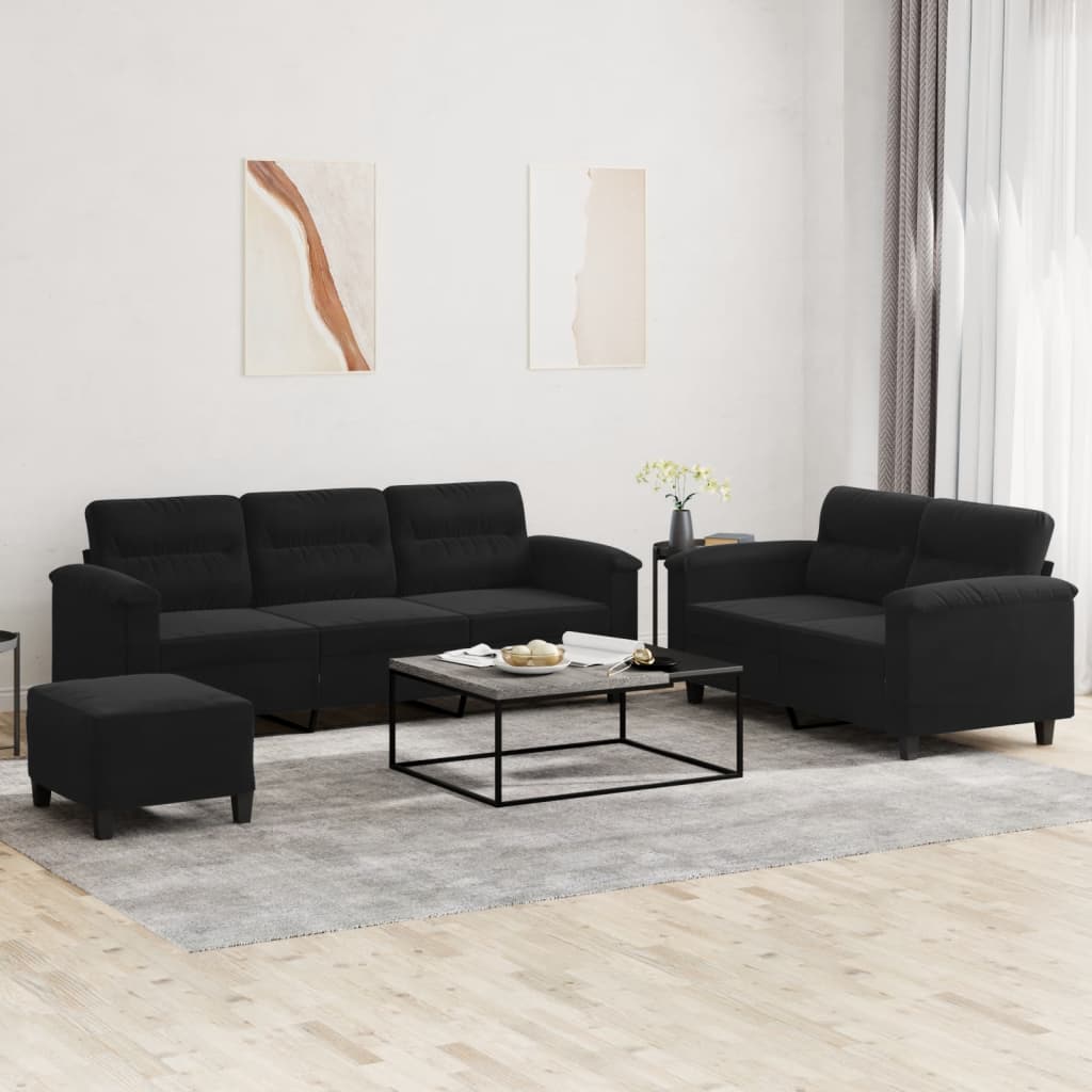 vidaXL Set de canapele cu perne, 3 piese, negru, microfibră