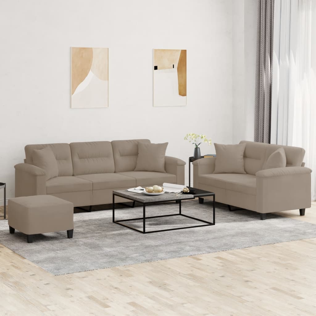 vidaXL Set de canapele cu perne, 3 piese, gri taupe, microfibră