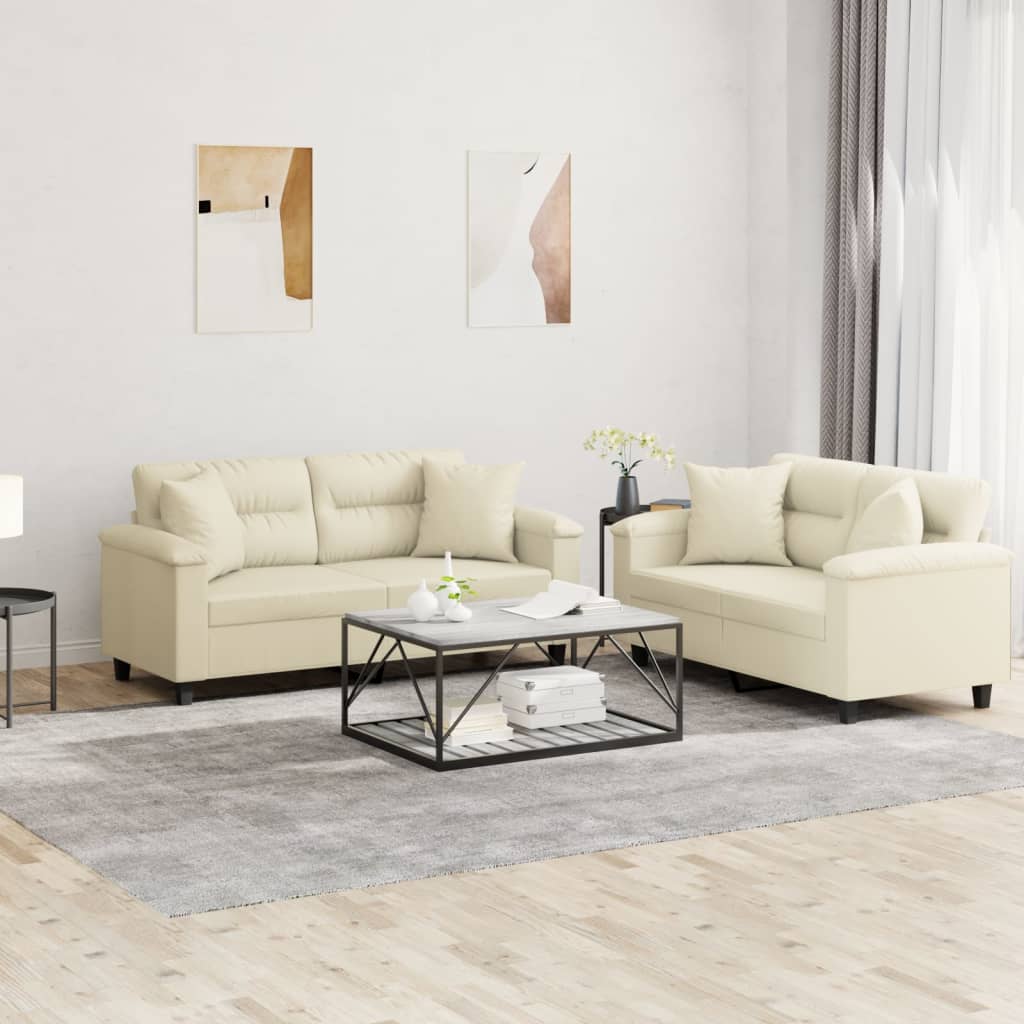 vidaXL Set de canapele cu perne, 2 piese, crem, piele ecologică