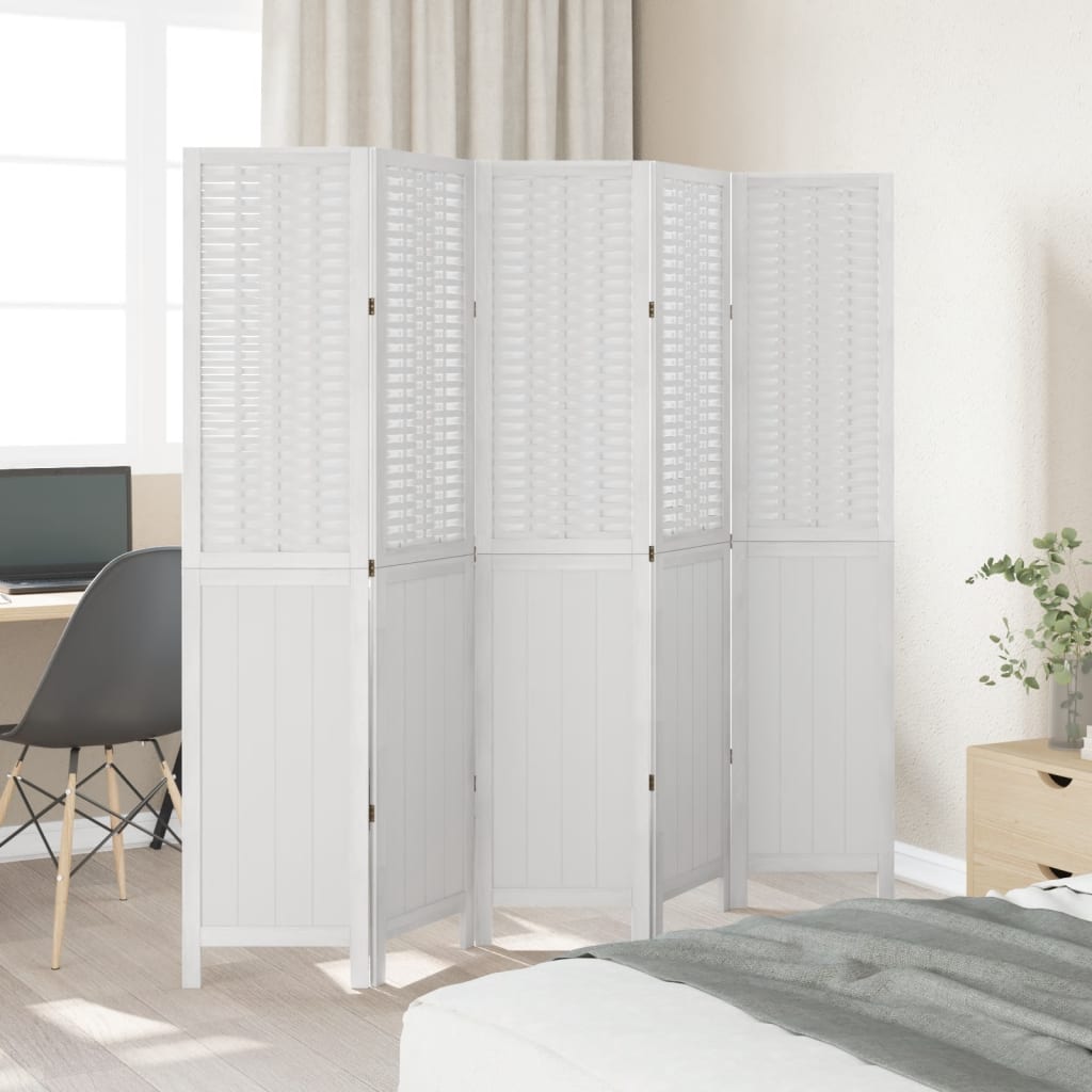 vidaXL Kamerscherm met 5 panelen massief paulowniahout wit afbeelding