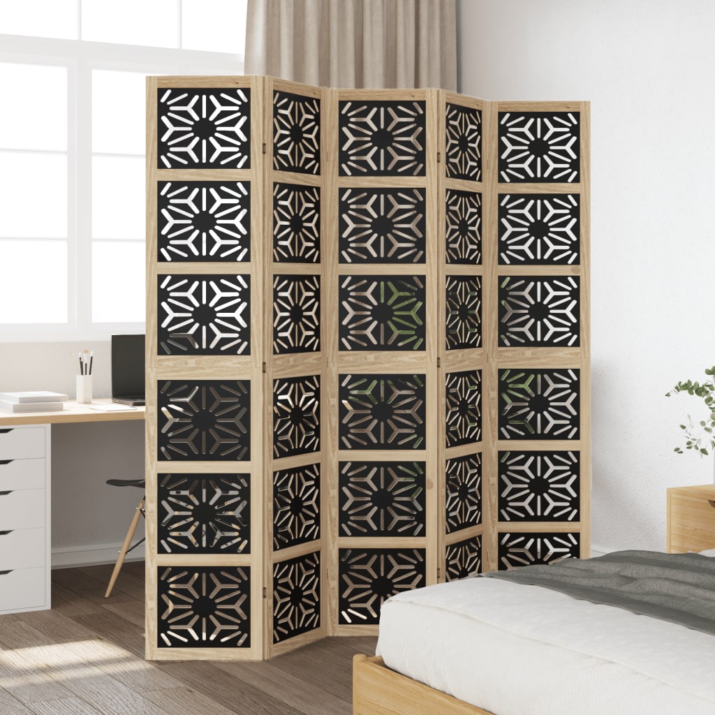 vidaXL Kamerscherm met 5 panelen massief paulowniahout bruin en zwart afbeelding