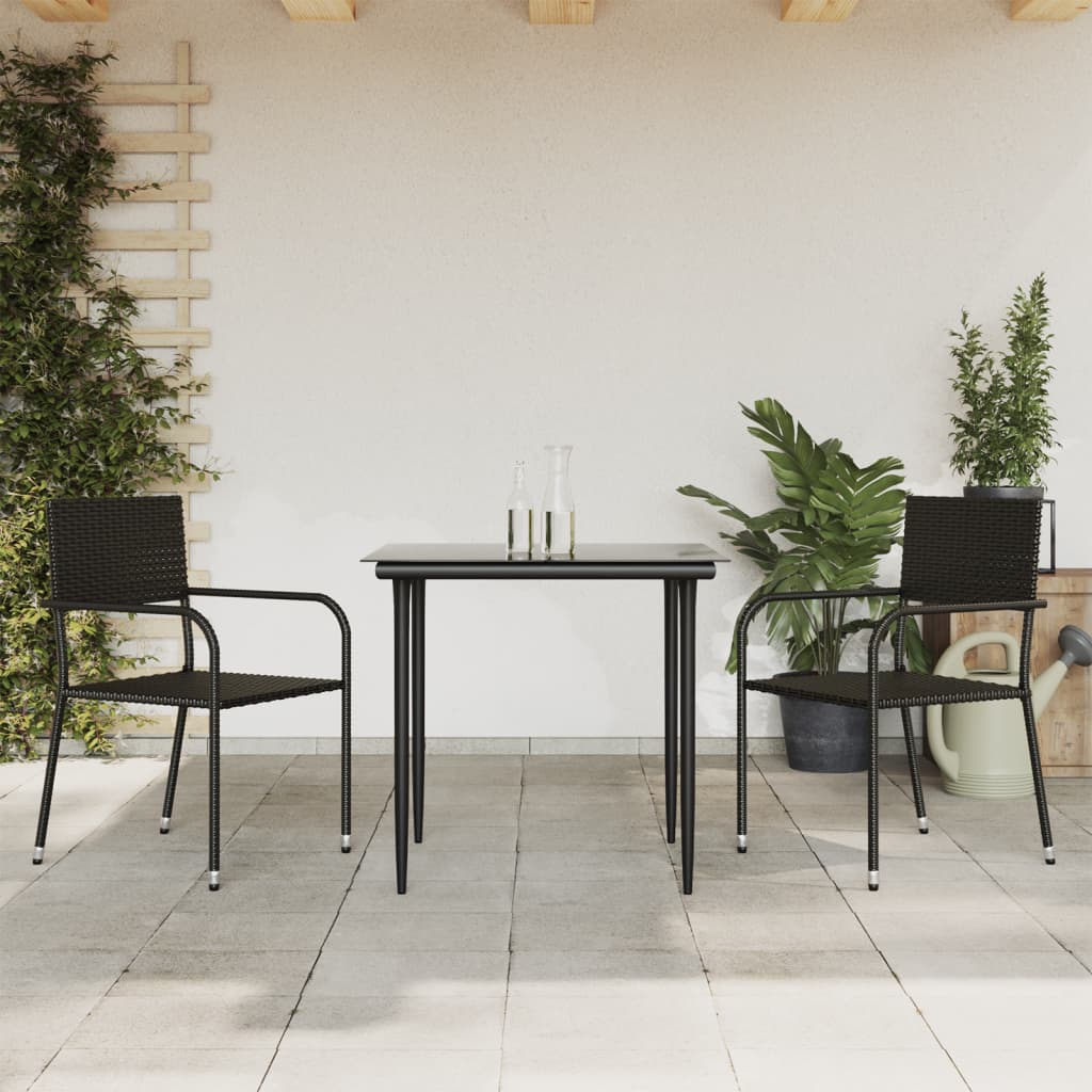 3-tlg. Garten-Essgruppe Schwarz Poly Rattan und Stahl