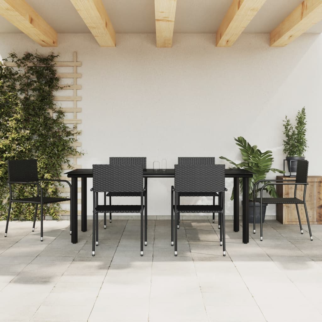 7-tlg. Garten-Essgruppe Schwarz Poly Rattan und Stahl