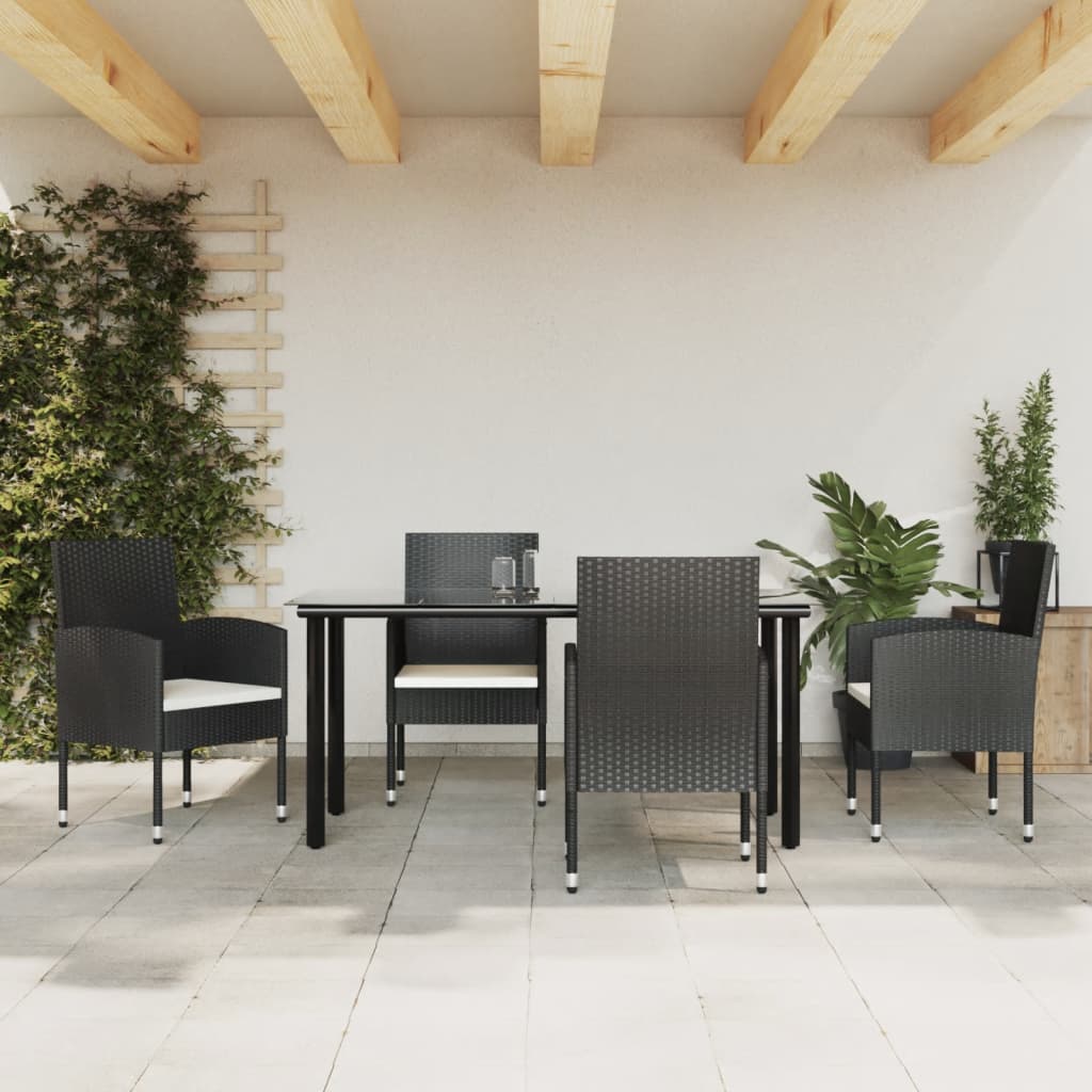 Zestaw mebli ogrodowych 4 krzesła + stół, czarny, polirattan, stal, szkło, kremowe poduszki