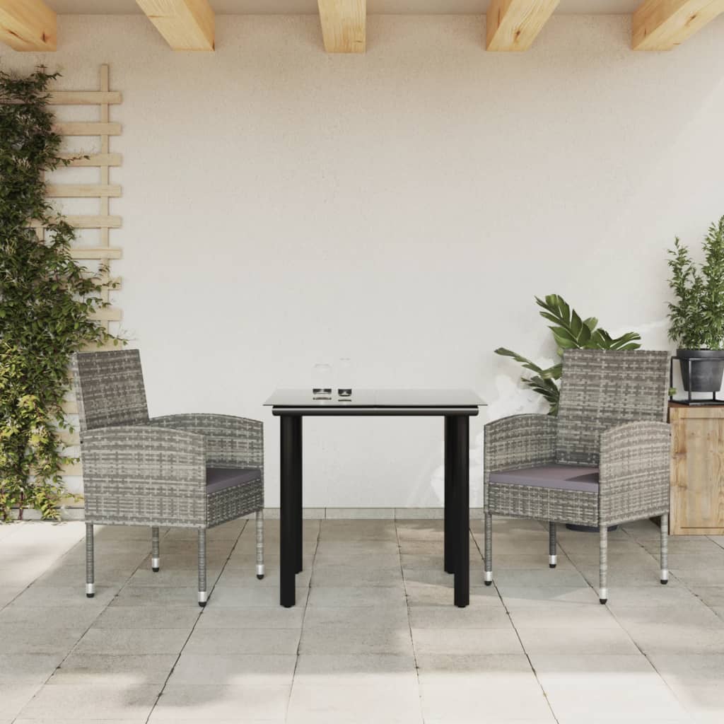 3-tlg. Garten-Essgruppe Grau und Schwarz Poly Rattan und Stahl