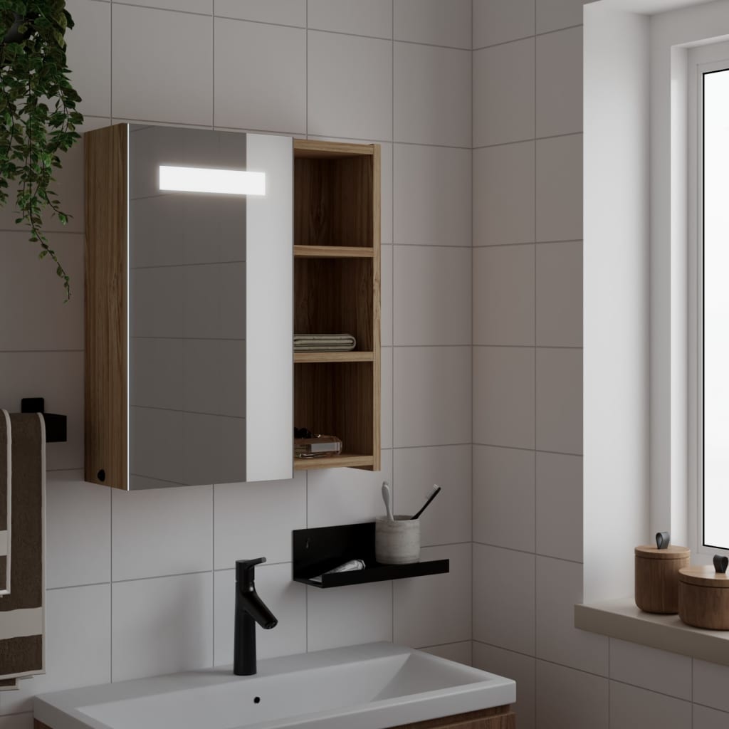 vidaXL badeværelsesskab med spejl og LED-lys 45x13x52 egetræsfarve
