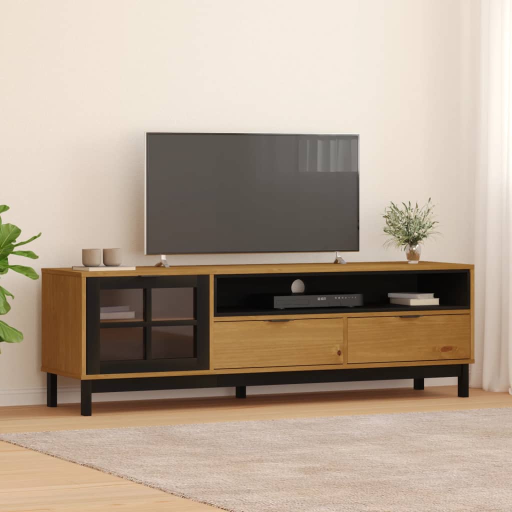 vidaXL Comodă TV cu ușă din sticlă „FLAM” 158x40x50 cm, lemn masiv pin