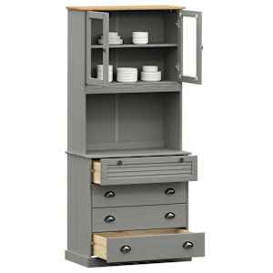 vidaXL Highboard Gray Solid pine wood, Engineered wood, Metal, Glass