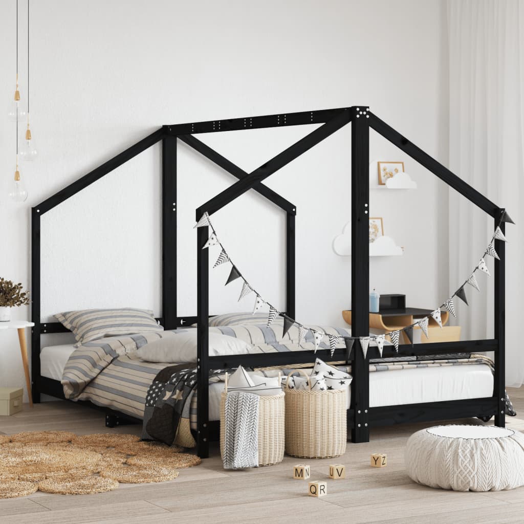 vidaXL Cadru de pat pentru copii negru 2x(80x200) cm lemn masiv de pin