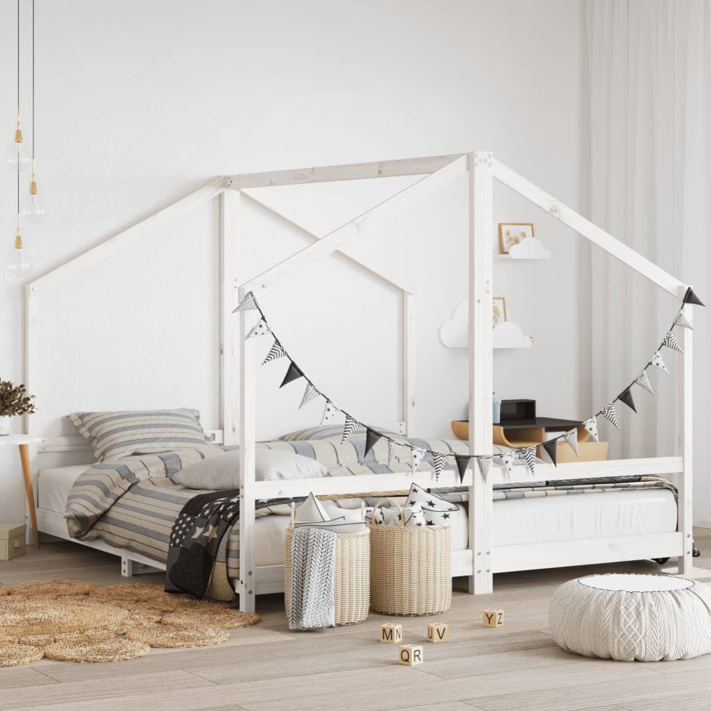 vidaXL Cadru de pat pentru copii, alb, 2x(90x200)cm, lemn masiv de pin