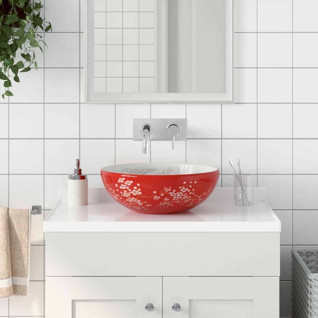 Aufsatzwaschbecken Weiß und Rot Rund Ø41×14 cm Keramik