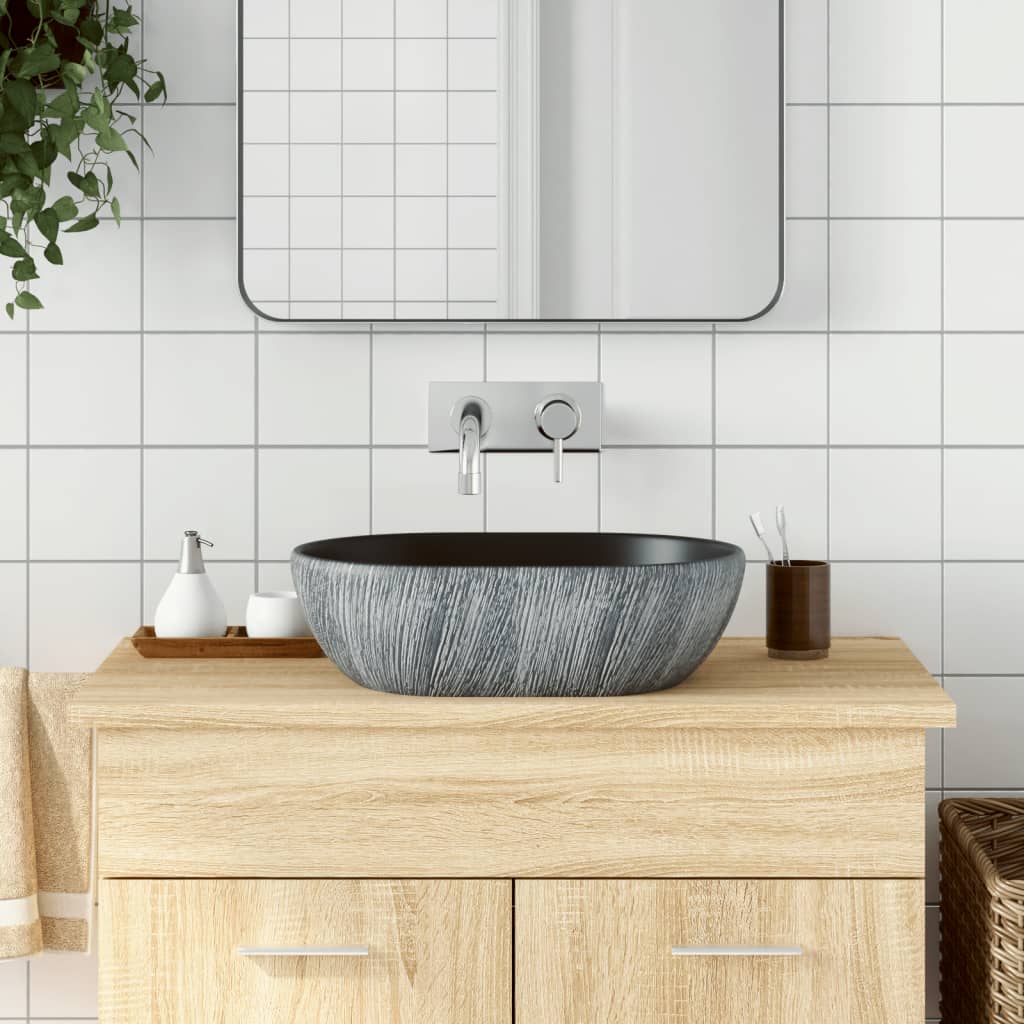 vidaXL håndvask til bordplade 47x33x13 cm oval keramik sort og grå