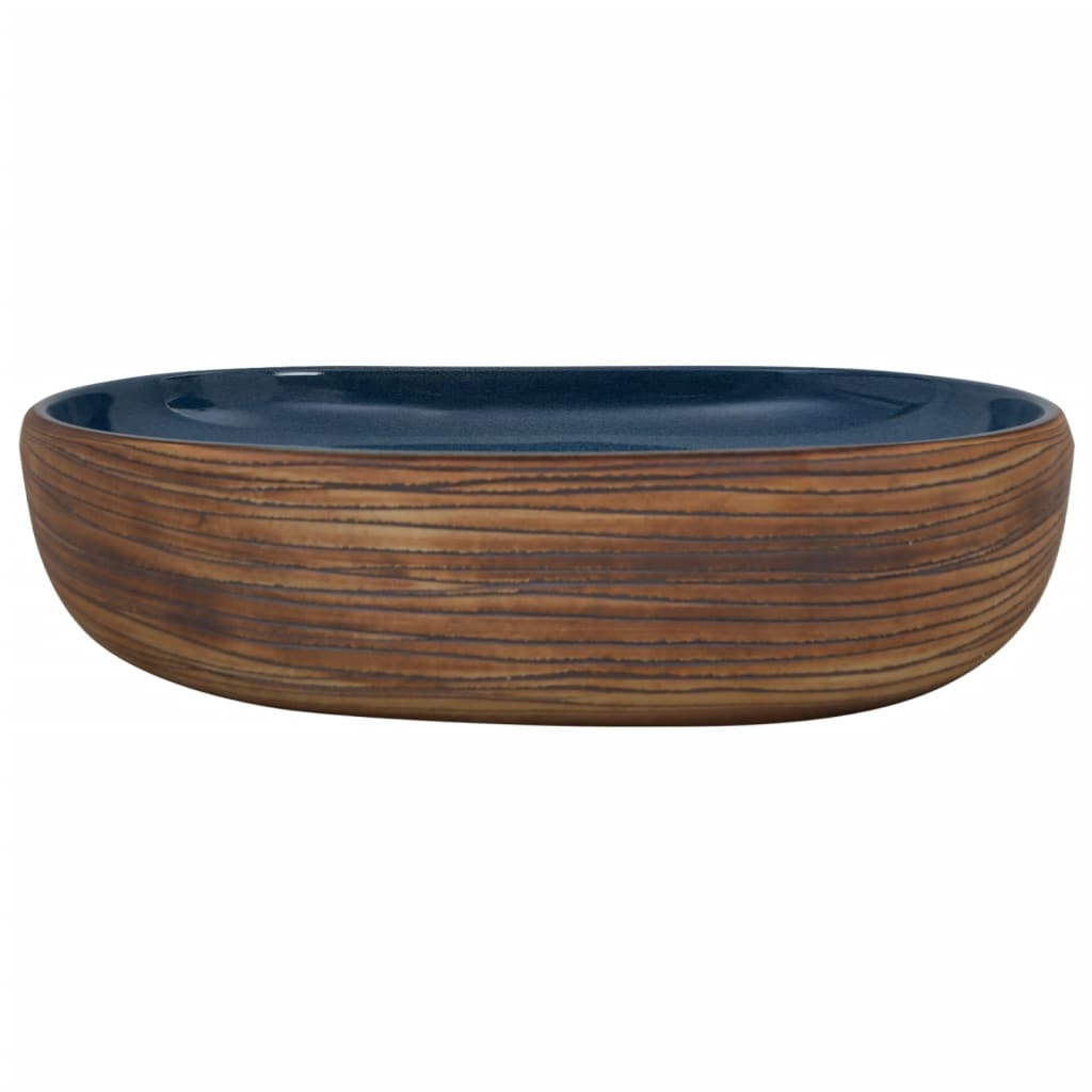 vidaXL Opzetwasbak ovaal 59x40x14 cm keramiek bruin en blauw afbeelding