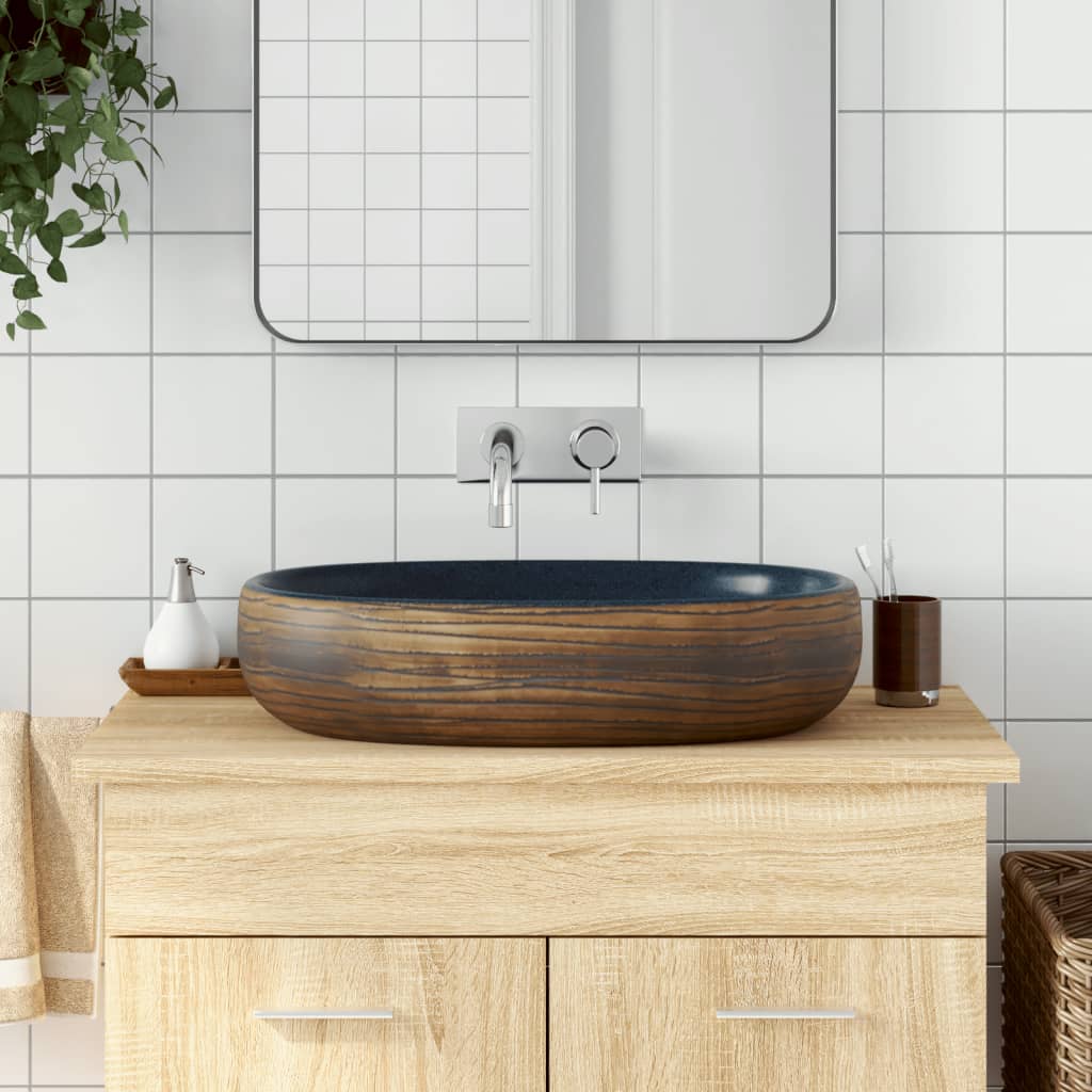 vidaXL håndvask til bordplade 59x40x14 cm oval keramik brun og blå